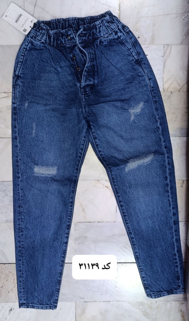 شلوار لی مردانه مام فیت کد 31139 پیله دار آبی تیره زاپدار