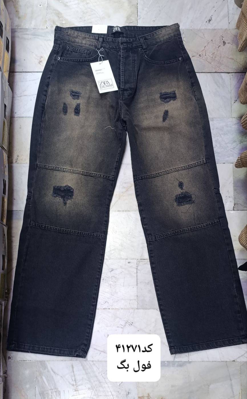 شلوار لی مردانه فول بگ کد 41271 تیکه دار مشکی کثیف تینت کرم زاپ دار