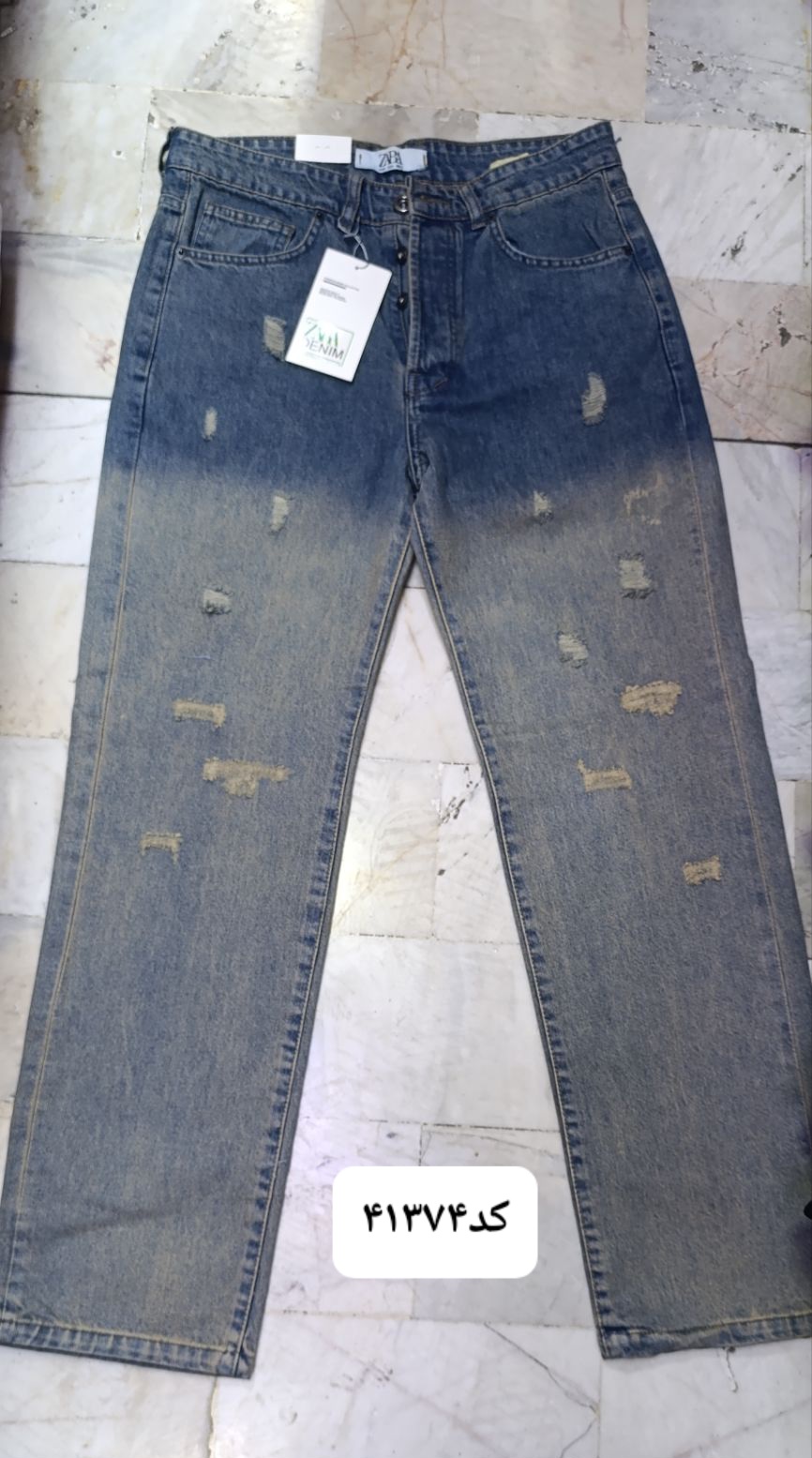 شلوار لی مردانه مام بگ کد 41374 آبی تیره تینت کرم زاپدار دورنگ