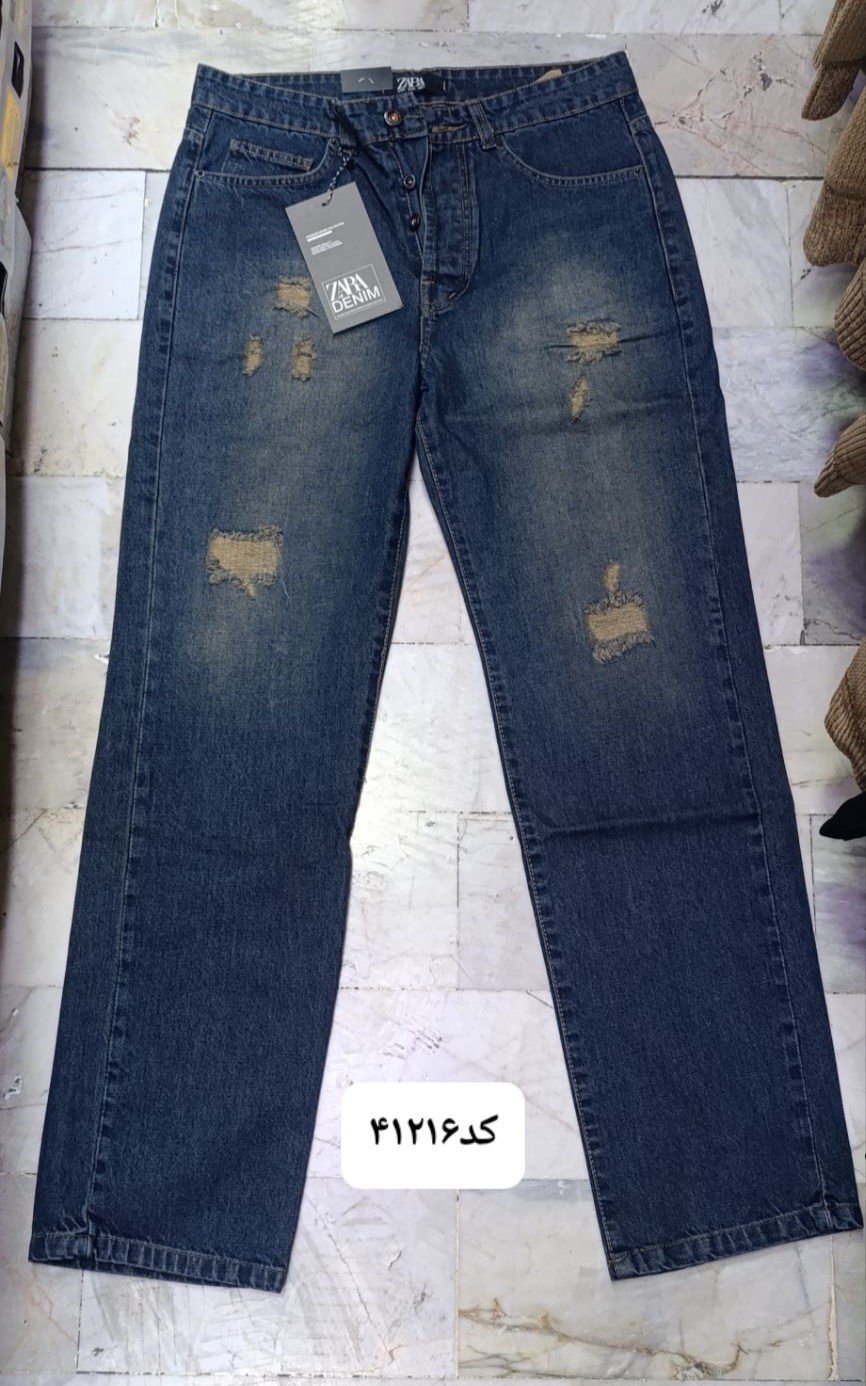 شلوار لی مردانه مام بگ کد 41216 سرمه ای تینت زرد زاپدار